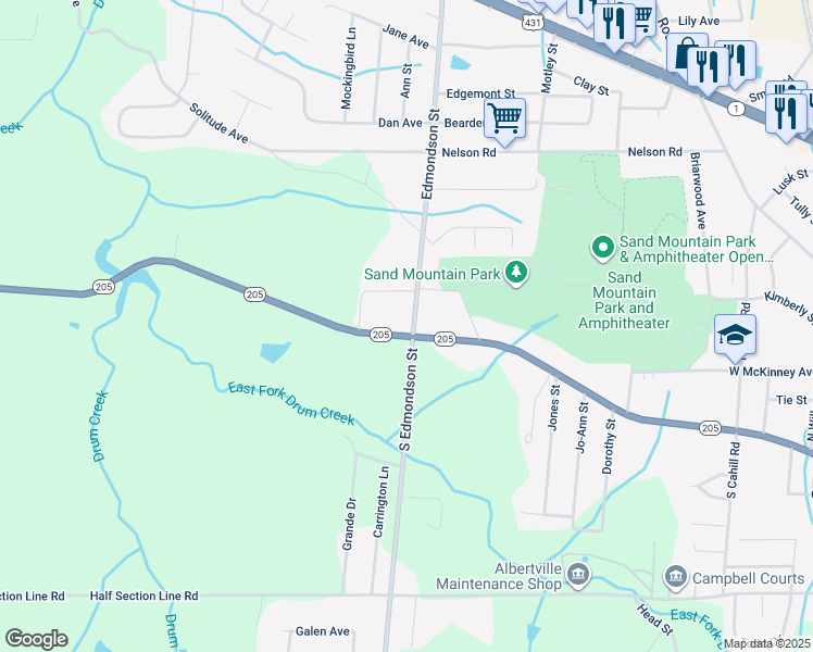 map of restaurants, bars, coffee shops, grocery stores, and more near 1105 West Main Street in Albertville
