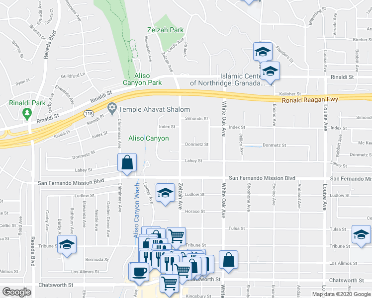 map of restaurants, bars, coffee shops, grocery stores, and more near 17838 Donmetz Street in Los Angeles