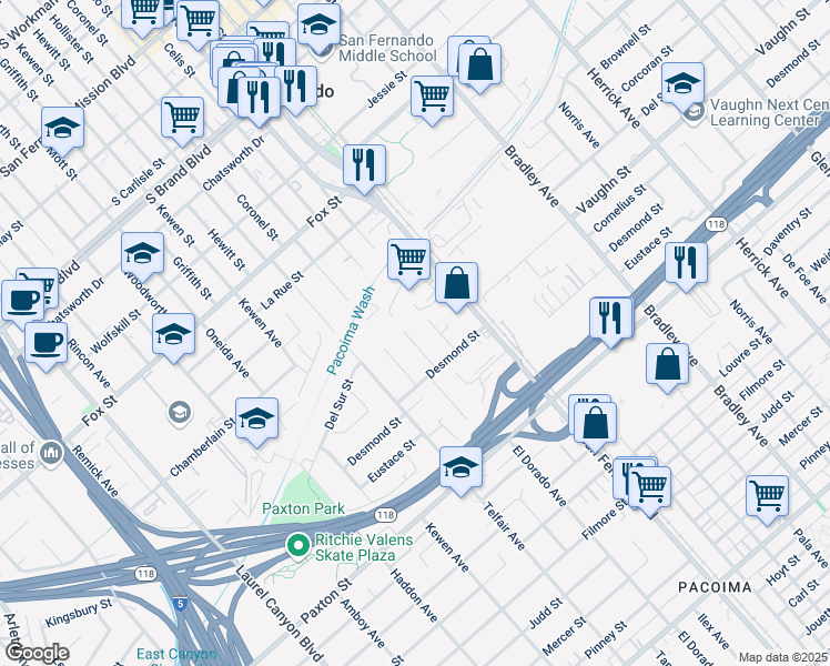 map of restaurants, bars, coffee shops, grocery stores, and more near 11227 El Dorado Avenue in Los Angeles
