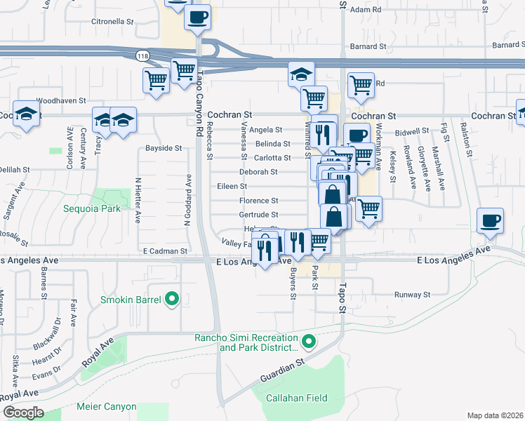 map of restaurants, bars, coffee shops, grocery stores, and more near 4119 Helene Street in Simi Valley