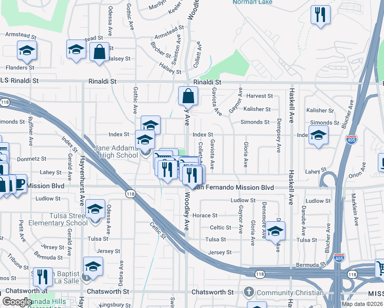 map of restaurants, bars, coffee shops, grocery stores, and more near 11214 Woodley Avenue in Los Angeles