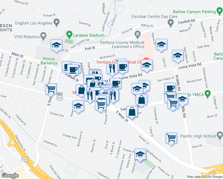 map of restaurants, bars, coffee shops, grocery stores, and more near 147 North Brent Street in Ventura