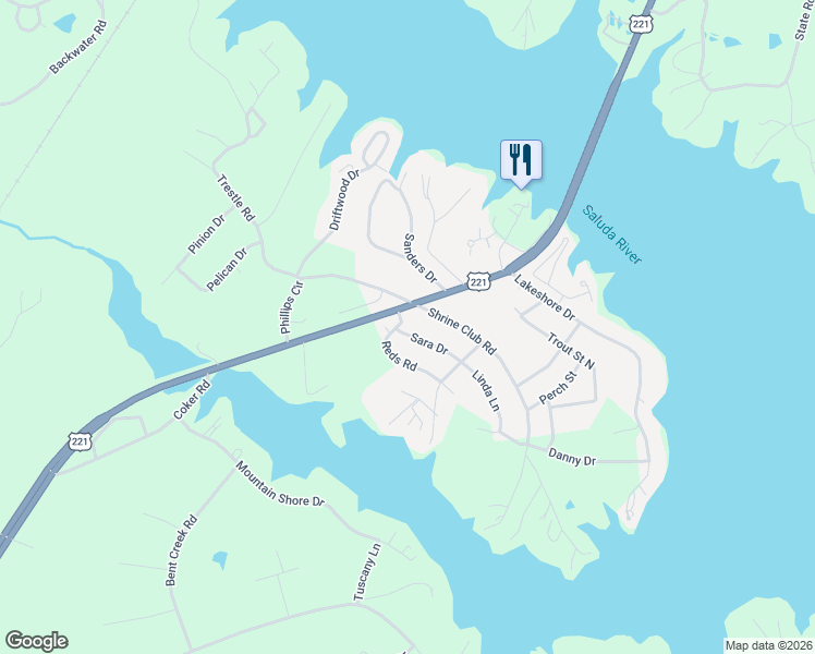 map of restaurants, bars, coffee shops, grocery stores, and more near 112 Sara Drive in Greenwood