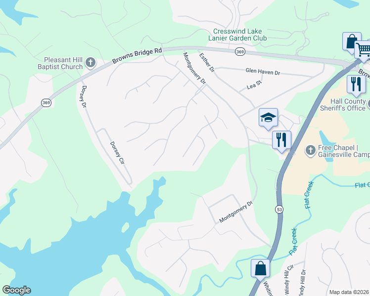 map of restaurants, bars, coffee shops, grocery stores, and more near 3781 Cresswind Parkway Southwest in Gainesville