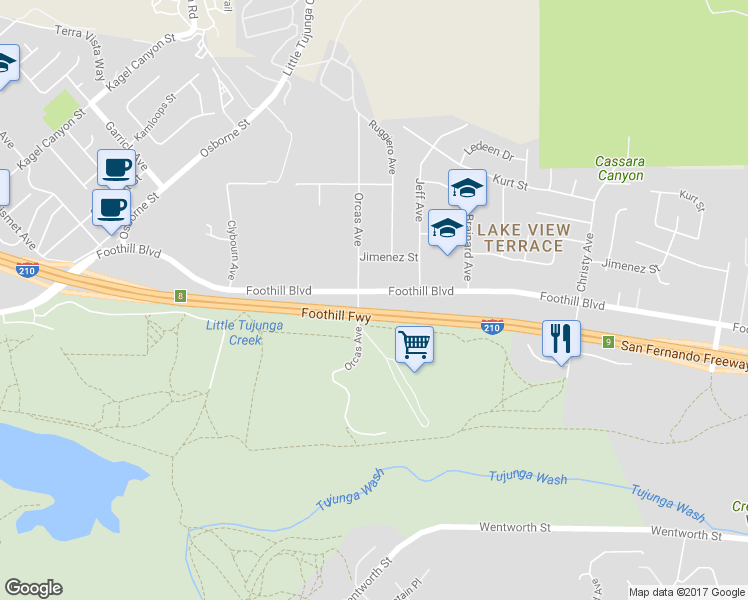 map of restaurants, bars, coffee shops, grocery stores, and more near 10836 Foothill Boulevard in Los Angeles