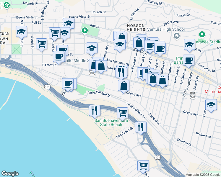 map of restaurants, bars, coffee shops, grocery stores, and more near 1623 Ocean Avenue in Ventura