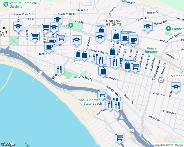 map of restaurants, bars, coffee shops, grocery stores, and more near 1623 Ocean Avenue in Ventura