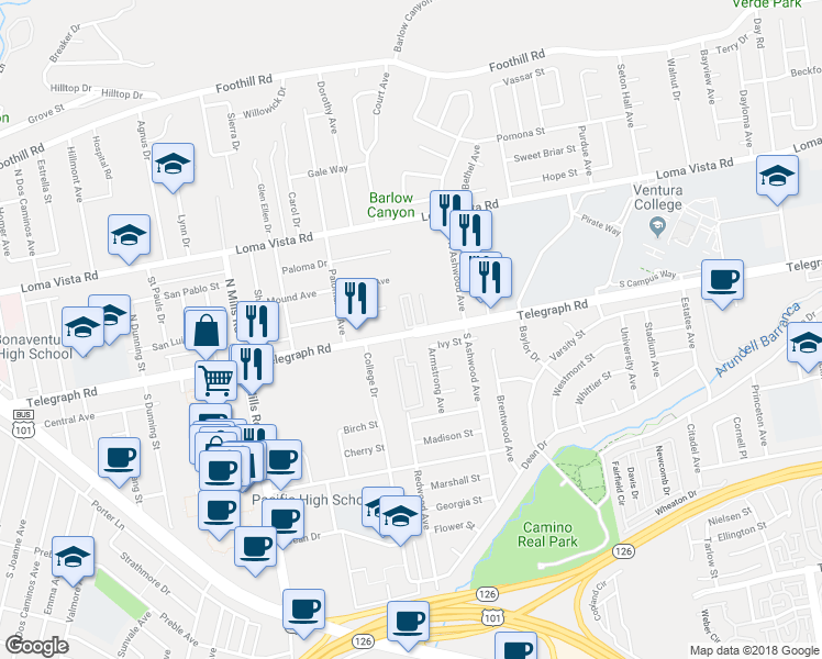 map of restaurants, bars, coffee shops, grocery stores, and more near 3980 Telegraph Road in Ventura