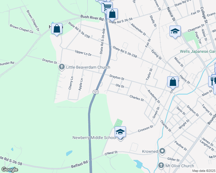 map of restaurants, bars, coffee shops, grocery stores, and more near 591 Daisy Street in Newberry
