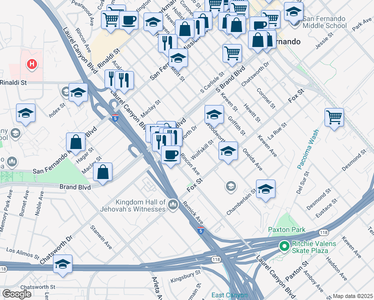map of restaurants, bars, coffee shops, grocery stores, and more near 11225 Acala Ave in San Fernando