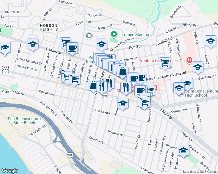 map of restaurants, bars, coffee shops, grocery stores, and more near 150 Arcade Drive in Ventura