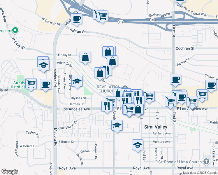 map of restaurants, bars, coffee shops, grocery stores, and more near 490 East Easy Street in Simi Valley
