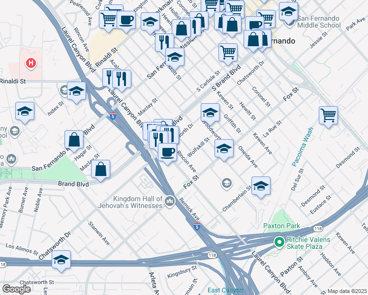 map of restaurants, bars, coffee shops, grocery stores, and more near 11225 Acala Avenue in San Fernando