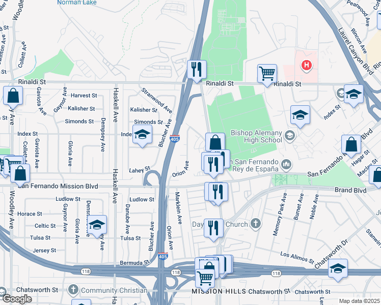 map of restaurants, bars, coffee shops, grocery stores, and more near 11218 Orion Avenue in Los Angeles