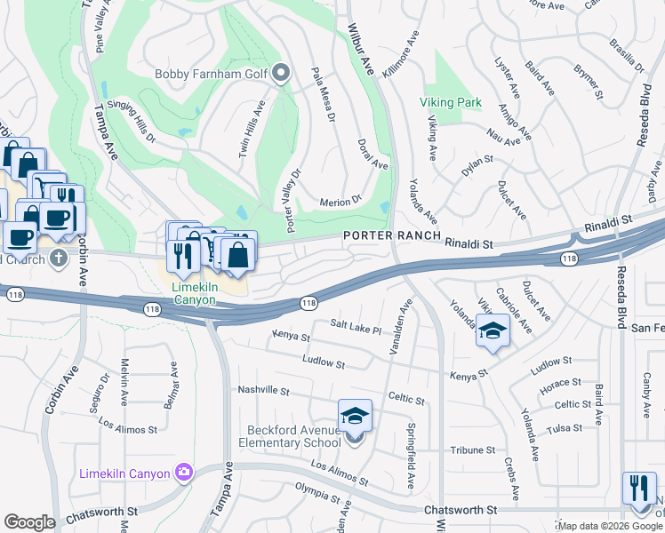 map of restaurants, bars, coffee shops, grocery stores, and more near 19153 Lahey Street in Los Angeles