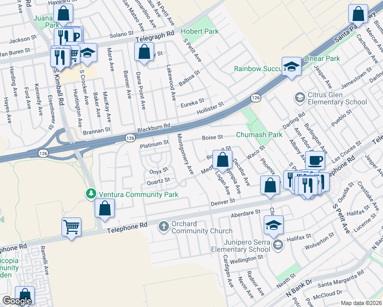 map of restaurants, bars, coffee shops, grocery stores, and more near 691 Springfield Avenue in Ventura
