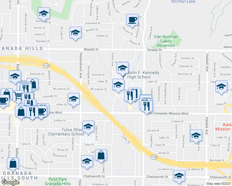 map of restaurants, bars, coffee shops, grocery stores, and more near Gothic Avenue in Los Angeles