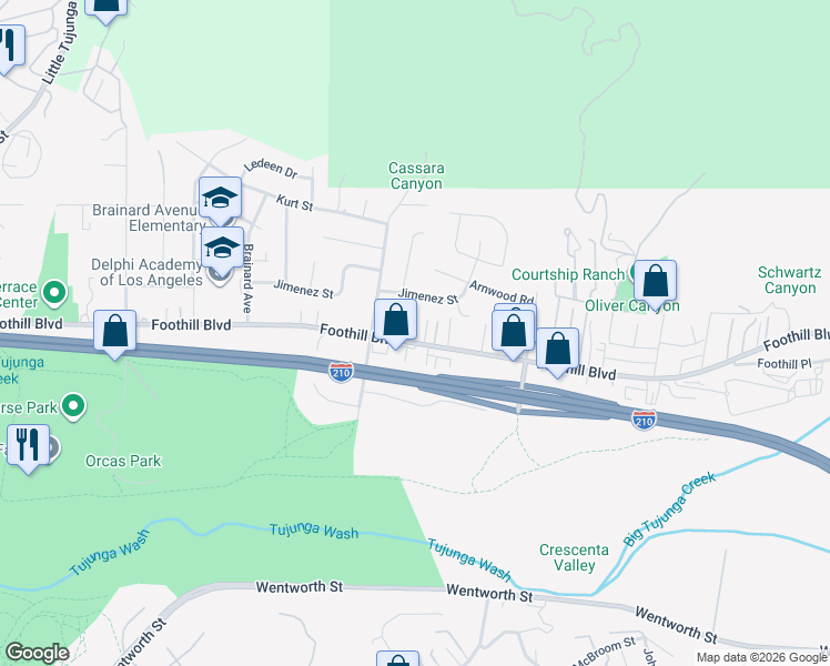 map of restaurants, bars, coffee shops, grocery stores, and more near 10449 Foothill Boulevard in Los Angeles