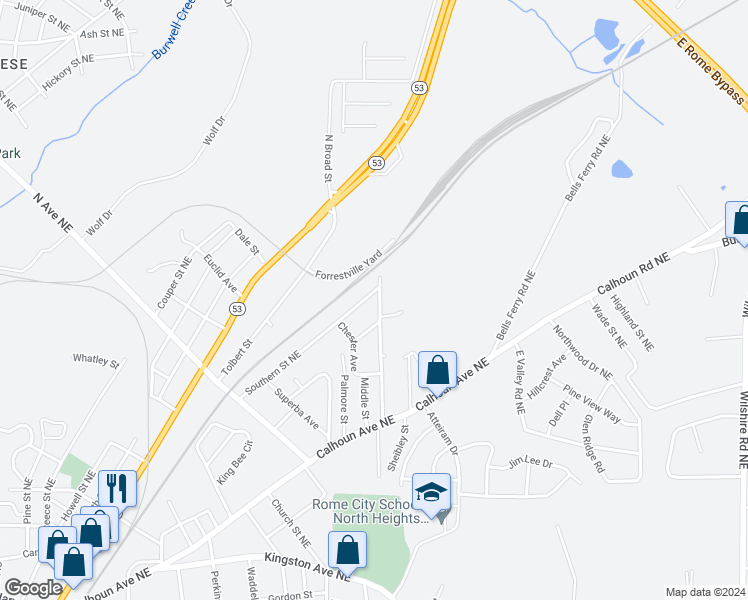 map of restaurants, bars, coffee shops, grocery stores, and more near 2220 Southern Street Northeast in Rome