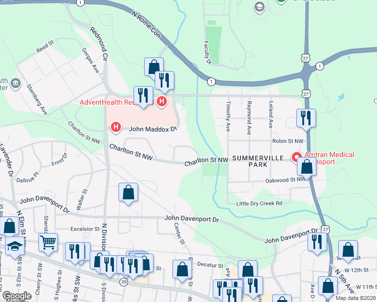 map of restaurants, bars, coffee shops, grocery stores, and more near 10 Vineland Drive Northwest in Rome