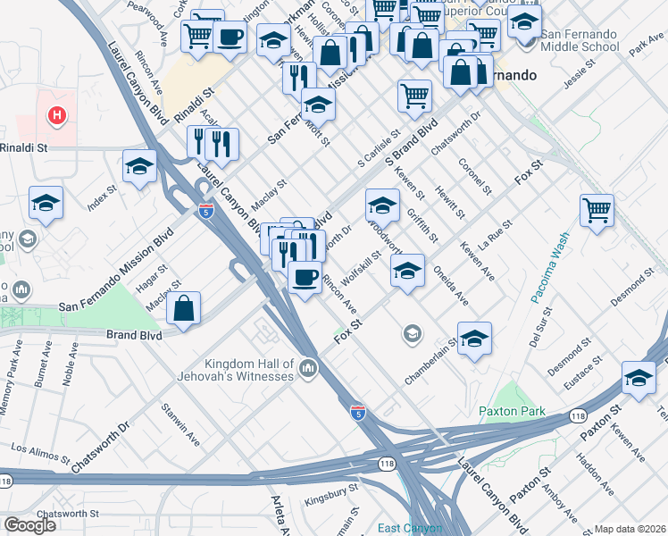 map of restaurants, bars, coffee shops, grocery stores, and more near 11225 Acala Avenue in San Fernando