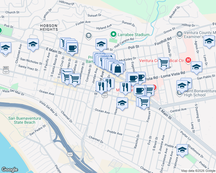 map of restaurants, bars, coffee shops, grocery stores, and more near 150 Arcade Drive in Ventura