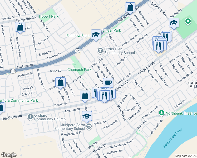 map of restaurants, bars, coffee shops, grocery stores, and more near 919 Albany Avenue in Ventura