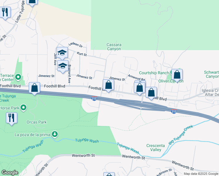 map of restaurants, bars, coffee shops, grocery stores, and more near 10453 Foothill Boulevard in Los Angeles