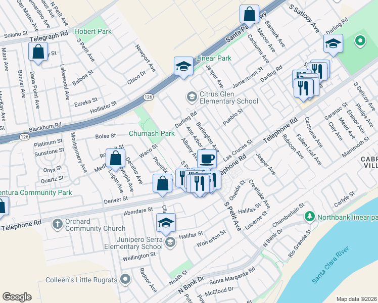 map of restaurants, bars, coffee shops, grocery stores, and more near 919 Albany Avenue in Ventura