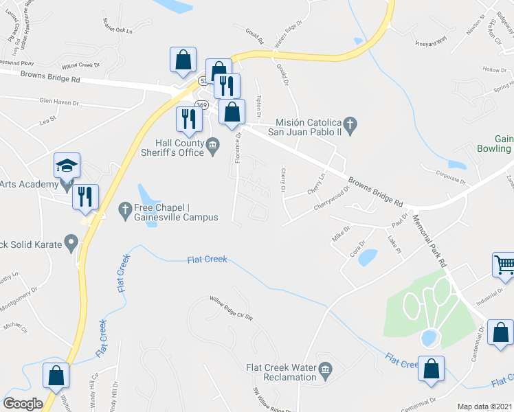 map of restaurants, bars, coffee shops, grocery stores, and more near 2980 Bentley Park Circle in Gainesville