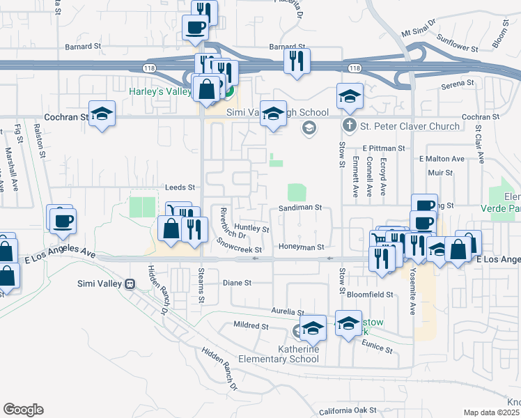 map of restaurants, bars, coffee shops, grocery stores, and more near Unnamed Road in Simi Valley