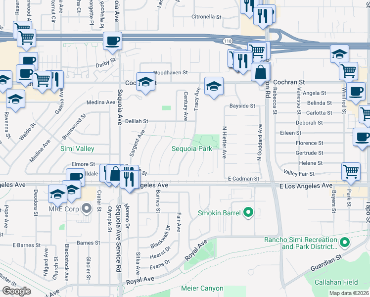 map of restaurants, bars, coffee shops, grocery stores, and more near 2198 Hurles Avenue in Simi Valley