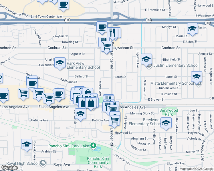 map of restaurants, bars, coffee shops, grocery stores, and more near 1828 Larch Street in Simi Valley