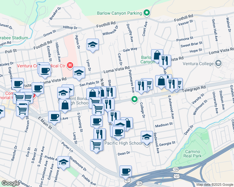 map of restaurants, bars, coffee shops, grocery stores, and more near 3586 Mound Avenue in Ventura