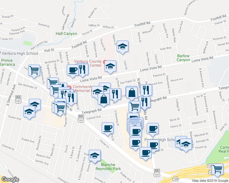 map of restaurants, bars, coffee shops, grocery stores, and more near 127 Saint Pauls Drive in Ventura