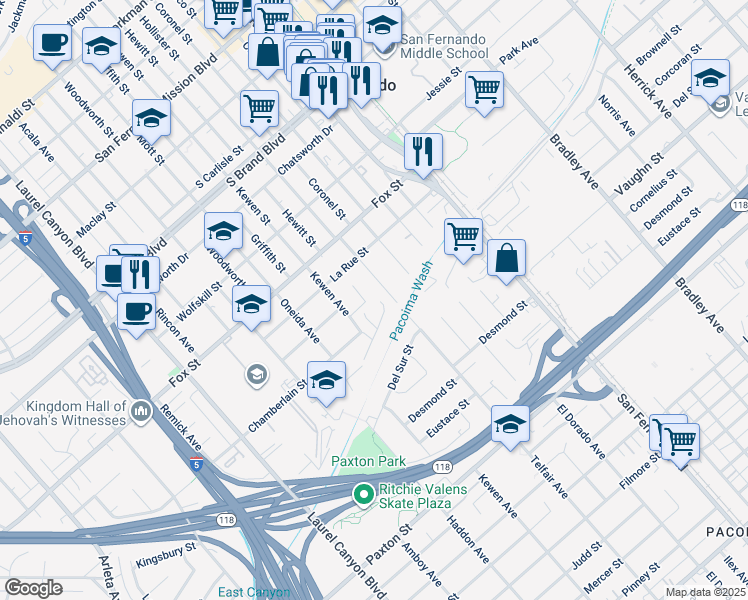 map of restaurants, bars, coffee shops, grocery stores, and more near 11278 Hewitt Avenue in San Fernando