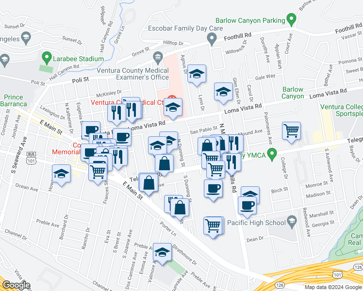 map of restaurants, bars, coffee shops, grocery stores, and more near 94 North Dunning Street in Ventura