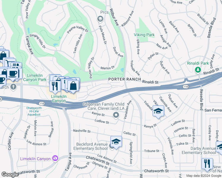 map of restaurants, bars, coffee shops, grocery stores, and more near 20446 Lahey Street in Los Angeles