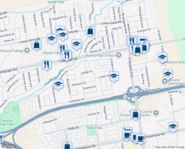 map of restaurants, bars, coffee shops, grocery stores, and more near 201 Xavier Avenue in Ventura