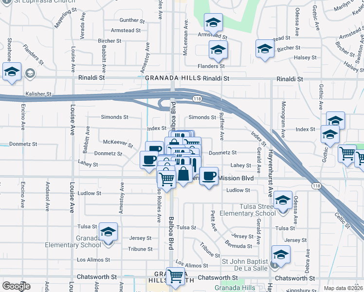 map of restaurants, bars, coffee shops, grocery stores, and more near 11213 McLennan Avenue in Los Angeles