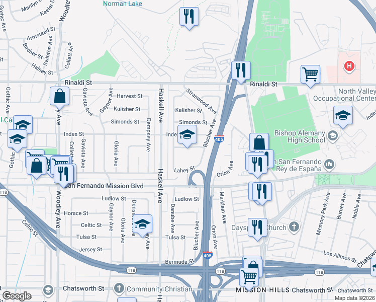 map of restaurants, bars, coffee shops, grocery stores, and more near 11220 Danube Avenue in Los Angeles
