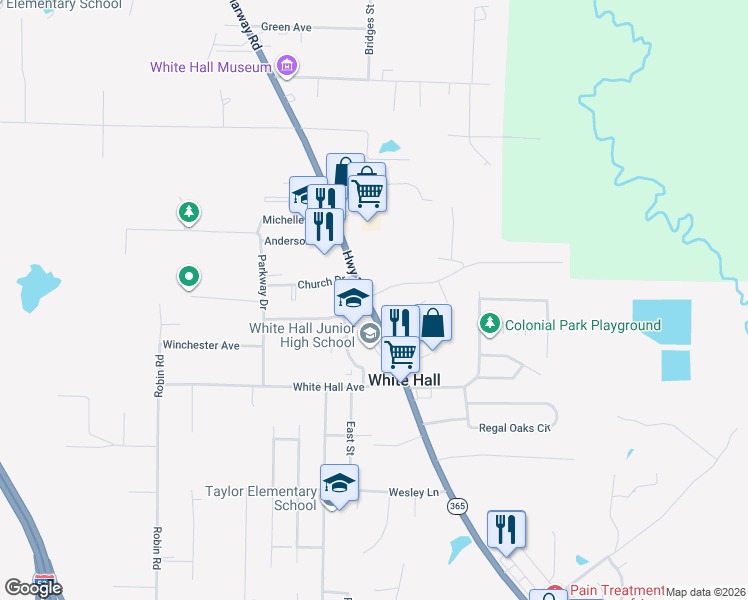 map of restaurants, bars, coffee shops, grocery stores, and more near 8305 Dollarway Road in White Hall