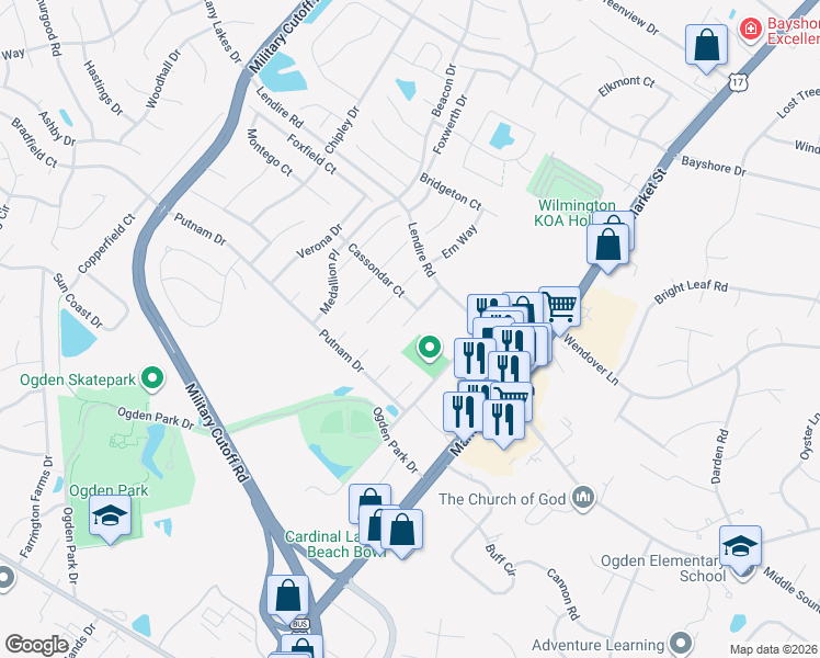map of restaurants, bars, coffee shops, grocery stores, and more near 7216 Vespar Court in Wilmington