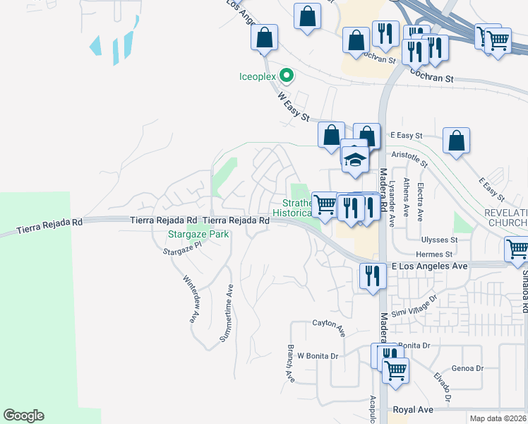 map of restaurants, bars, coffee shops, grocery stores, and more near 195 Tierra Rejada Road in Simi Valley