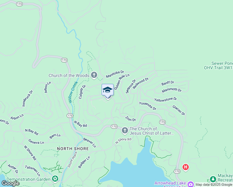 map of restaurants, bars, coffee shops, grocery stores, and more near 1384 Golden Rule Lane in Lake Arrowhead