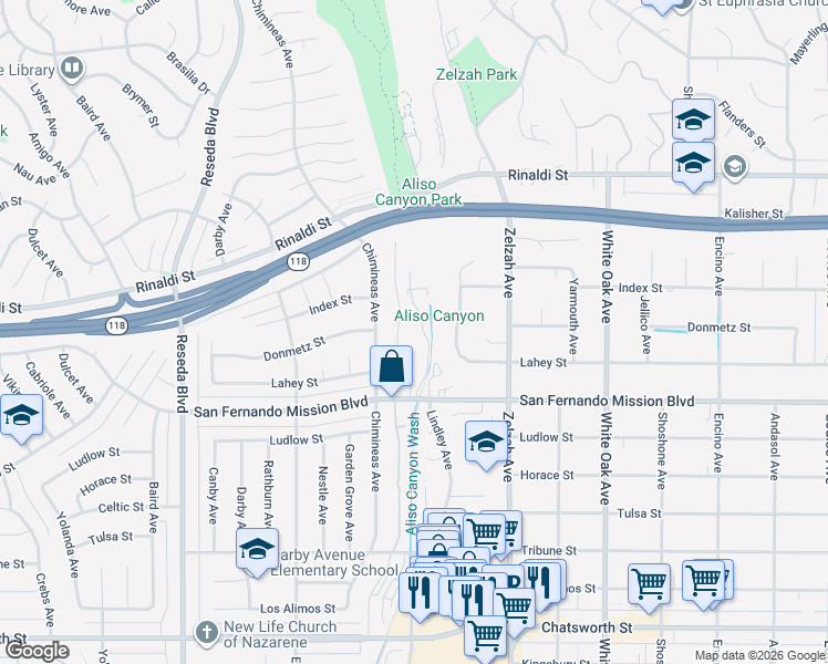 map of restaurants, bars, coffee shops, grocery stores, and more near 11160 Newcastle Avenue in Los Angeles