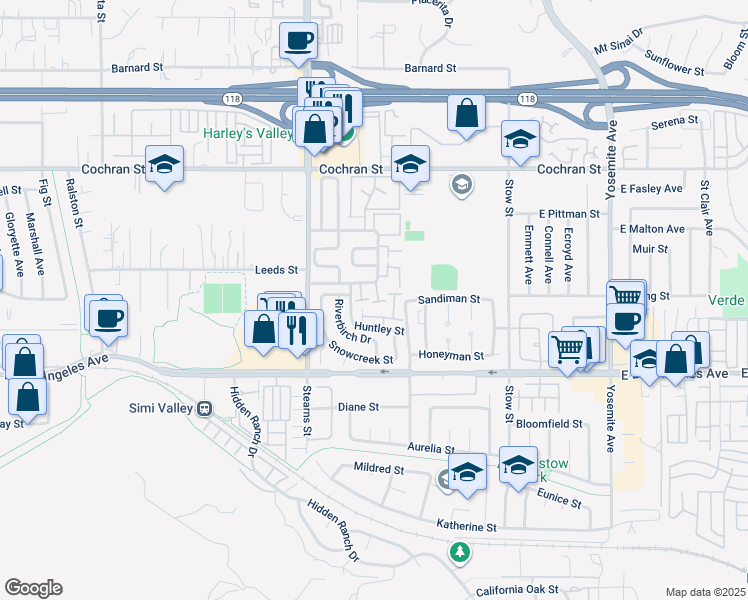 map of restaurants, bars, coffee shops, grocery stores, and more near 5350 Rainwood Street in Simi Valley