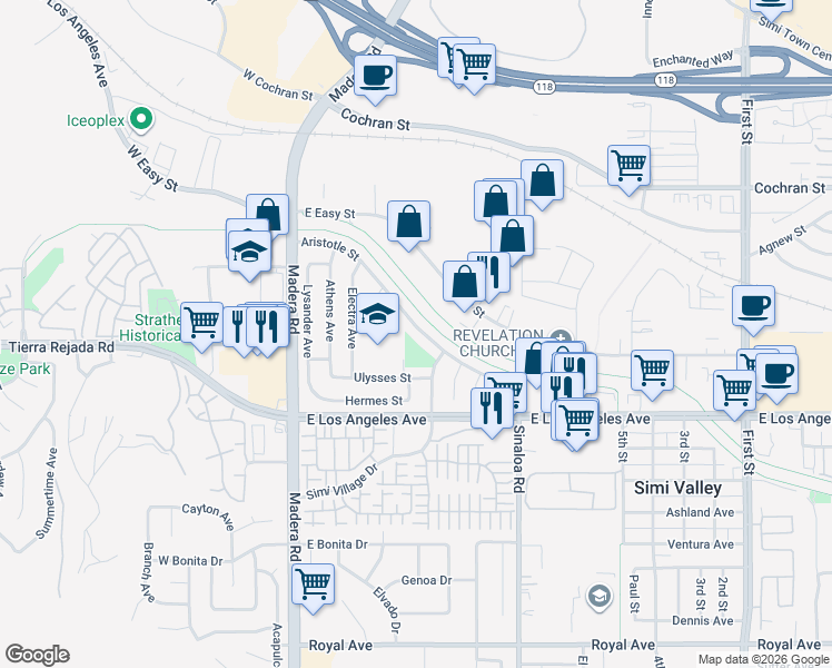 map of restaurants, bars, coffee shops, grocery stores, and more near 334 Aristotle Street in Simi Valley