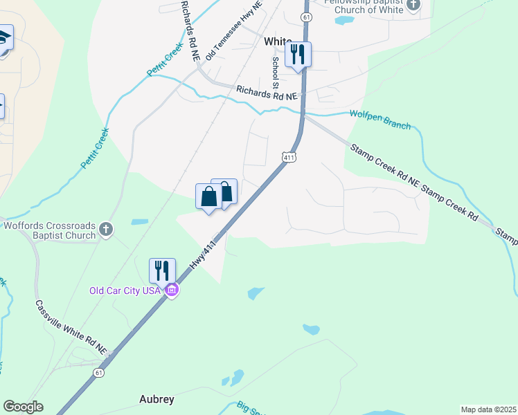 map of restaurants, bars, coffee shops, grocery stores, and more near 101 Whispering Pine Lane Northeast in White