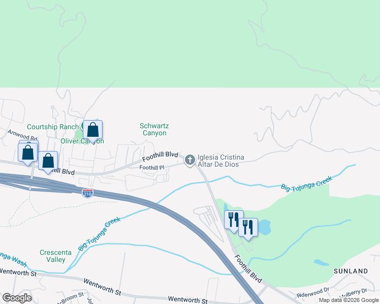map of restaurants, bars, coffee shops, grocery stores, and more near 9701 Foothill Boulevard in Los Angeles